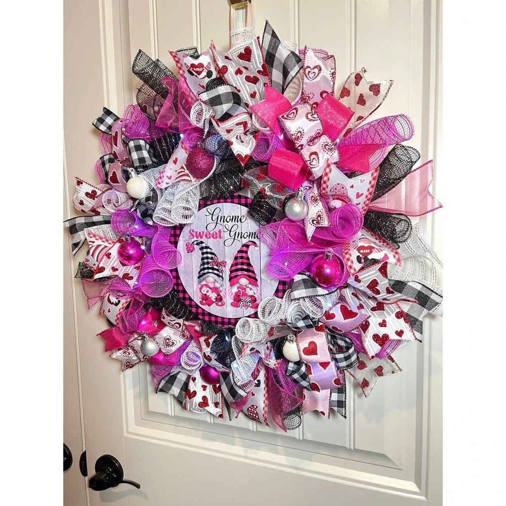 Handmade Valentine’s Gnome Sweet Gnome Ribbon Prelit Wreath 22 ins LED W17